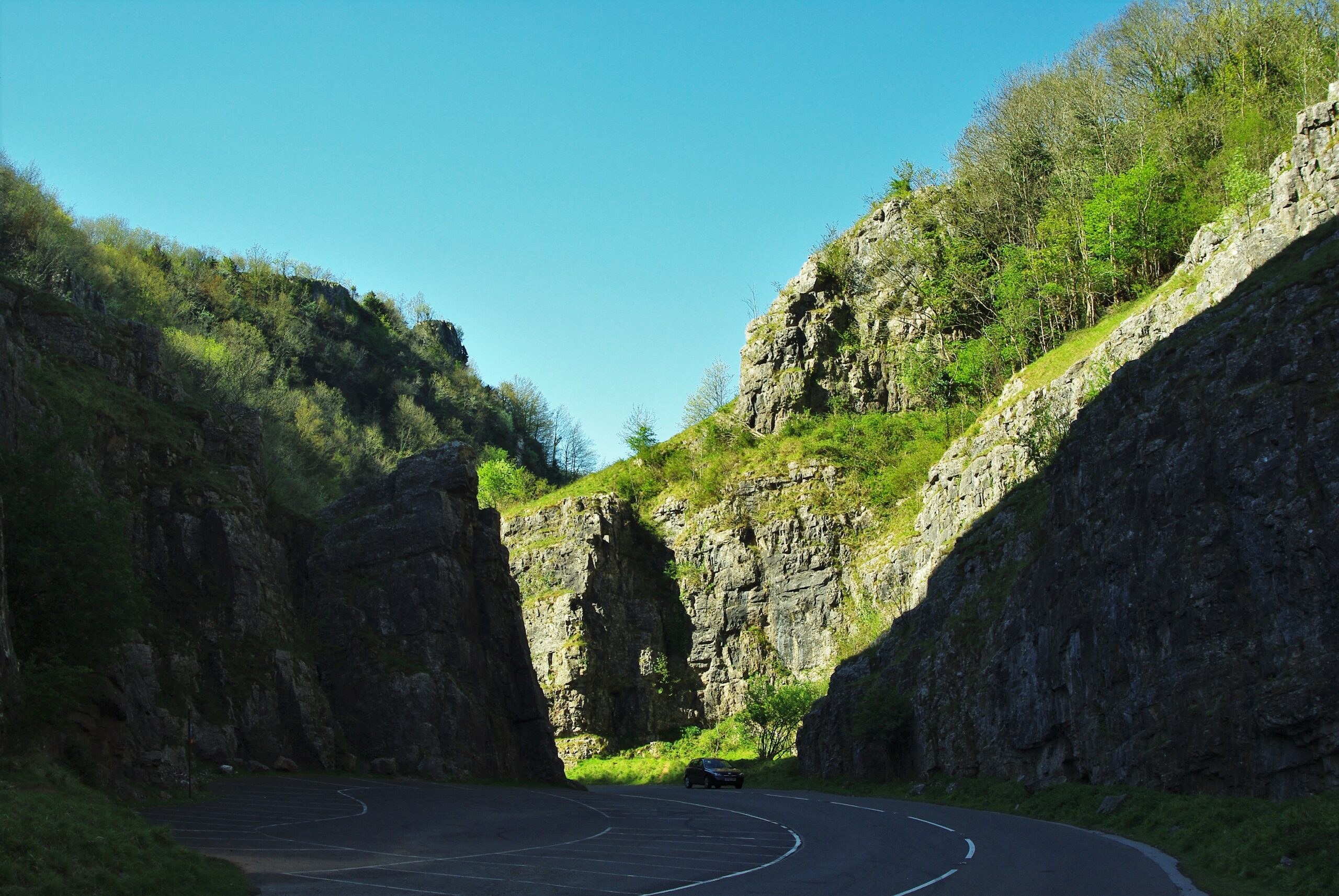 Road winding through the limestone cliffs of Cheddar Gorge