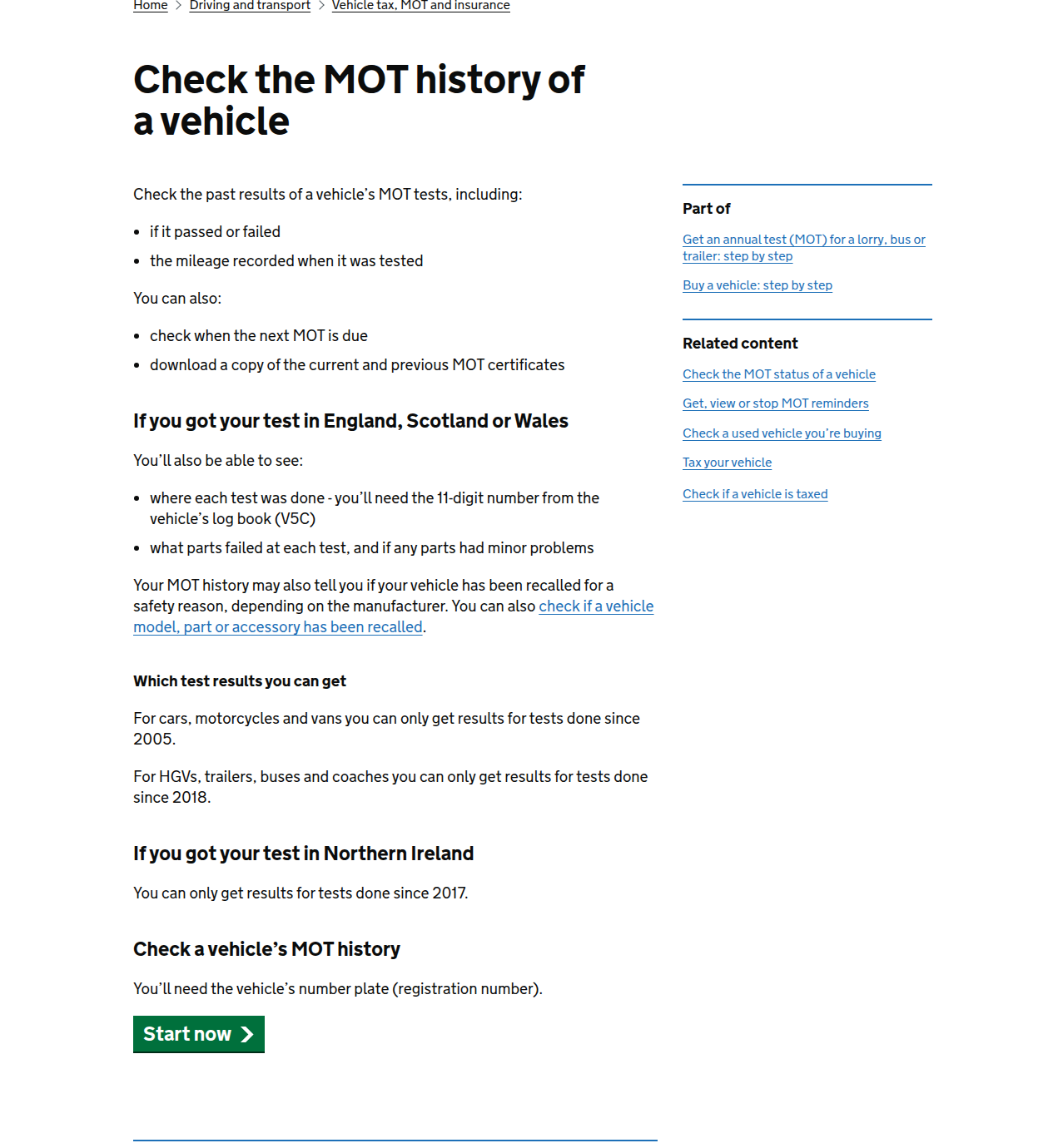 Screenshot of the GOV.UK MOT history checker page